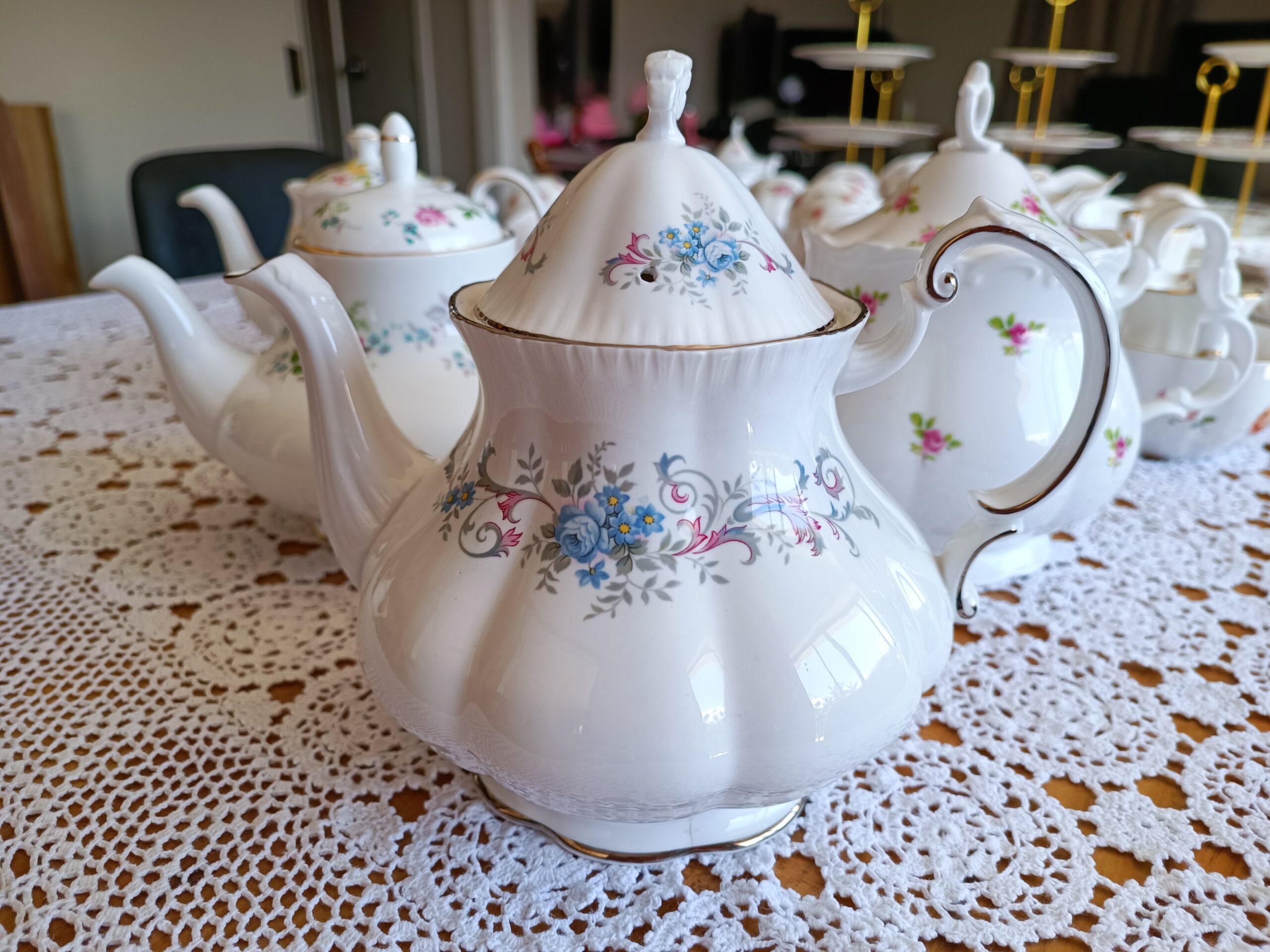 vintage china teapots to hire for high tea party events 